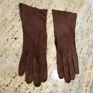 Vtg Gloves Brown Suede Mid Length Embroidered 6 3/4 HA&E Smith France Chevreau